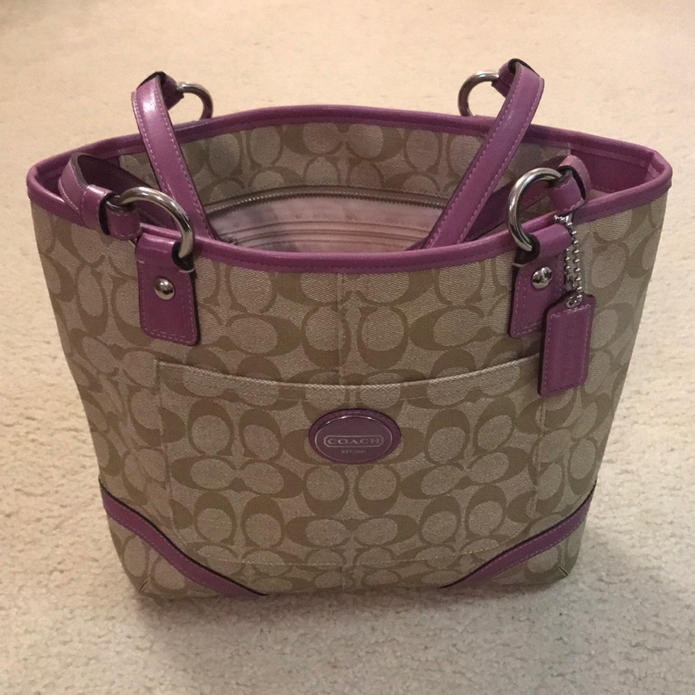 Tan and purple coach bag (leather)